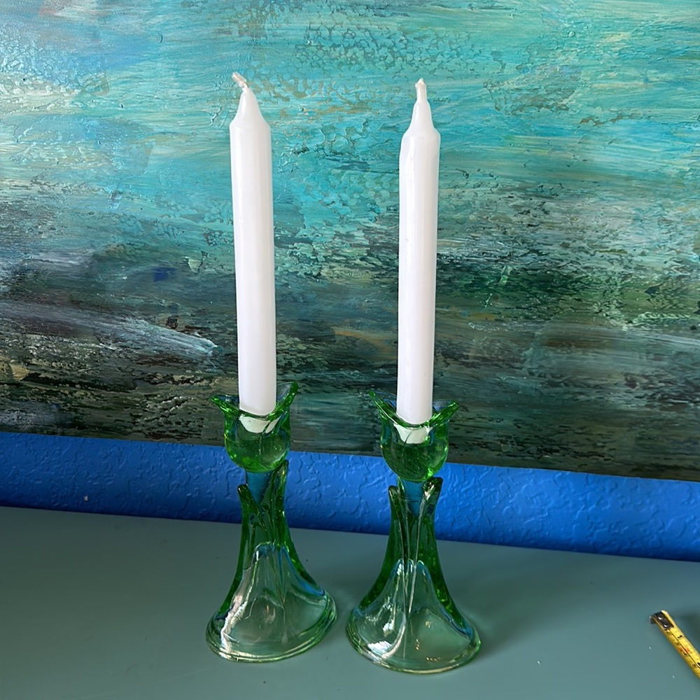 # Antique Art Deco Green Depression Rare Tulip Candle Sticks